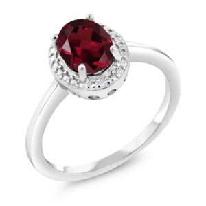 Gem Stone King 925 Sterling Silver Red Rhodolite Garnet and White Diamond Engagement Ring For Women (1.36 Cttw, Gemstone January Birthstone, Oval 8X6MM, Available In Size 5, 6, 7, 8, 9)