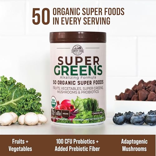 COUNTRY FARMS Super Greens Chocolate Flavor, 50 Organic Super Foods, USDA Organic Drink Mix, Fruits, Vegetables, Super Greens, Mushrooms & Probiotics, Supports Energy, 20 Servings, 10.6 Oz