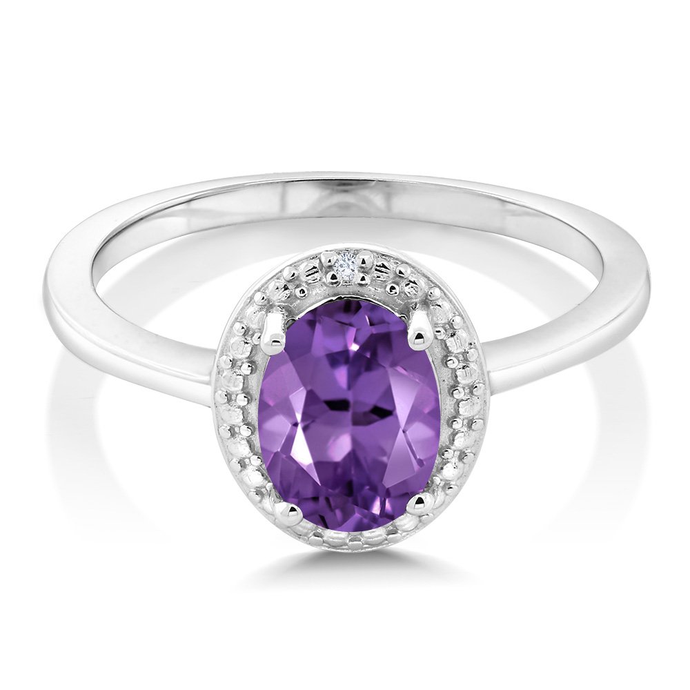 Gem Stone King 925 Sterling Silver Purple Amethyst and White Diamond Engagement Ring For Women (1.01 Cttw, Gemstone February Birthstone, Oval 8X6MM, Available In Size 5, 6, 7, 8, 9)