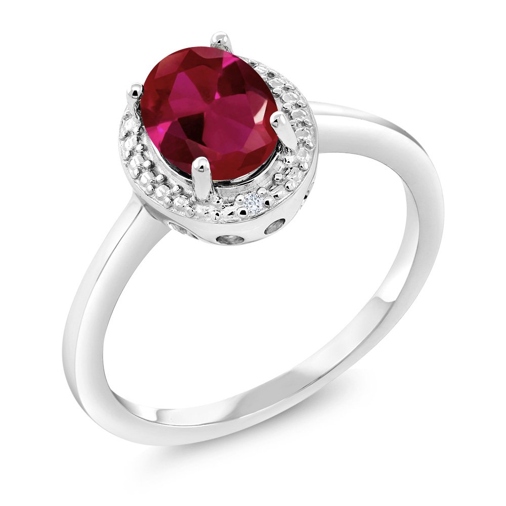 Gem Stone King 925 Sterling Silver Red Created Ruby and White Diamond Engagement Ring For Women (1.16 Cttw, Gemstone July Birthstone, Oval 8X6MM, Available In Size 5, 6, 7, 8, 9)