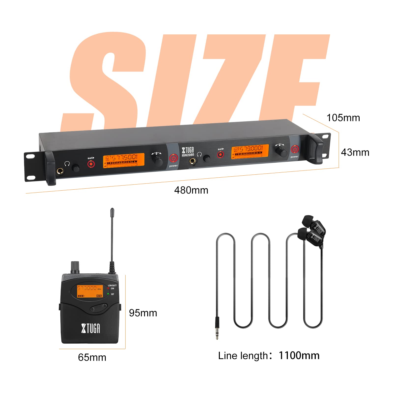 XTUGA RW2080 Wireless in Ear Monitor System 2 Channel 4 Bodypacks Mono in Ear Monitor Wireless 300Ft, in Ear Monitor for Musicians 40 UHF Frequencies,for Band, Stage or Studio,572MHz-599Mhz