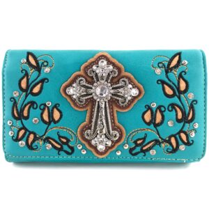 justin west western floral rhinestone side pocket cross slim handle handbag purse tote and strap wallet (turquoise wallet only)