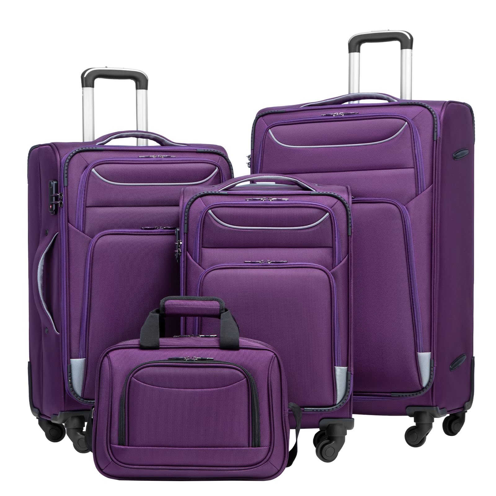 Coolife Luggage 4 Piece Set Suitcase Spinner TSA Lock Softshell lightweight (purple+sliver)