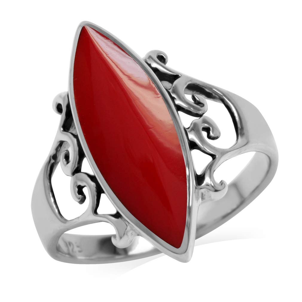 Silvershake Created Red Coral Inlay White Gold Plated 925 Sterling Silver Filigree Ring Size 8