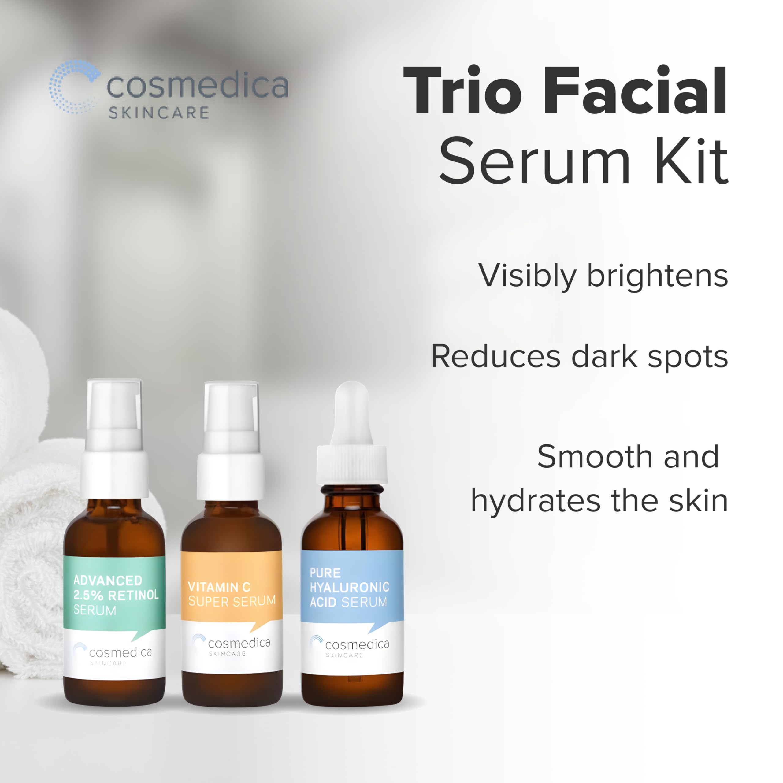 Cosmedica Skincare Facial Serum Trio Set Value for Clear Skin - Vitamin C Super Serum, 2.5% Retinol Serum, Pure Hyaluronic Acid Serum – Vegan, Cruelty-Free Skincare 3 pack