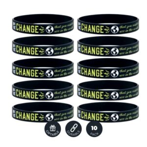 (10-pack) "Be the Change that You Wish to See in the World" - Inspirational Awareness Wristbands for Any Cause - Wholesale Bulk Pack of 10 Silicone Bracelets in Unisex Adult Size