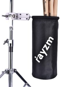 rayzm drum stick bag holder, nylon mallet/brush/beater stick holder with aluminum clamp for drum kit & music stand (1.5-3cm diameter pole), up to 12 pairs of sticks