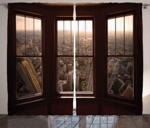 ambesonne aerial curtains, urban view from the window view city dusk building north american town scene, living room bedroom window drapes 2 panel set, 108" x 84", brown taupe