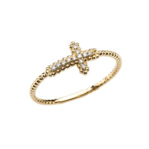 14k Yellow Gold Dainty Diamond Sideways Cross Beaded Ring(Size 10.75)