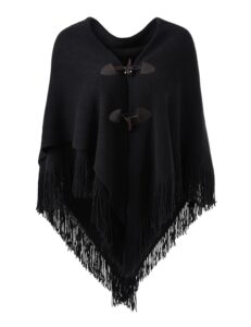 ferand women’s loose fitting poncho cape shawl with stylish horn buttons, v neckline and v hem, black