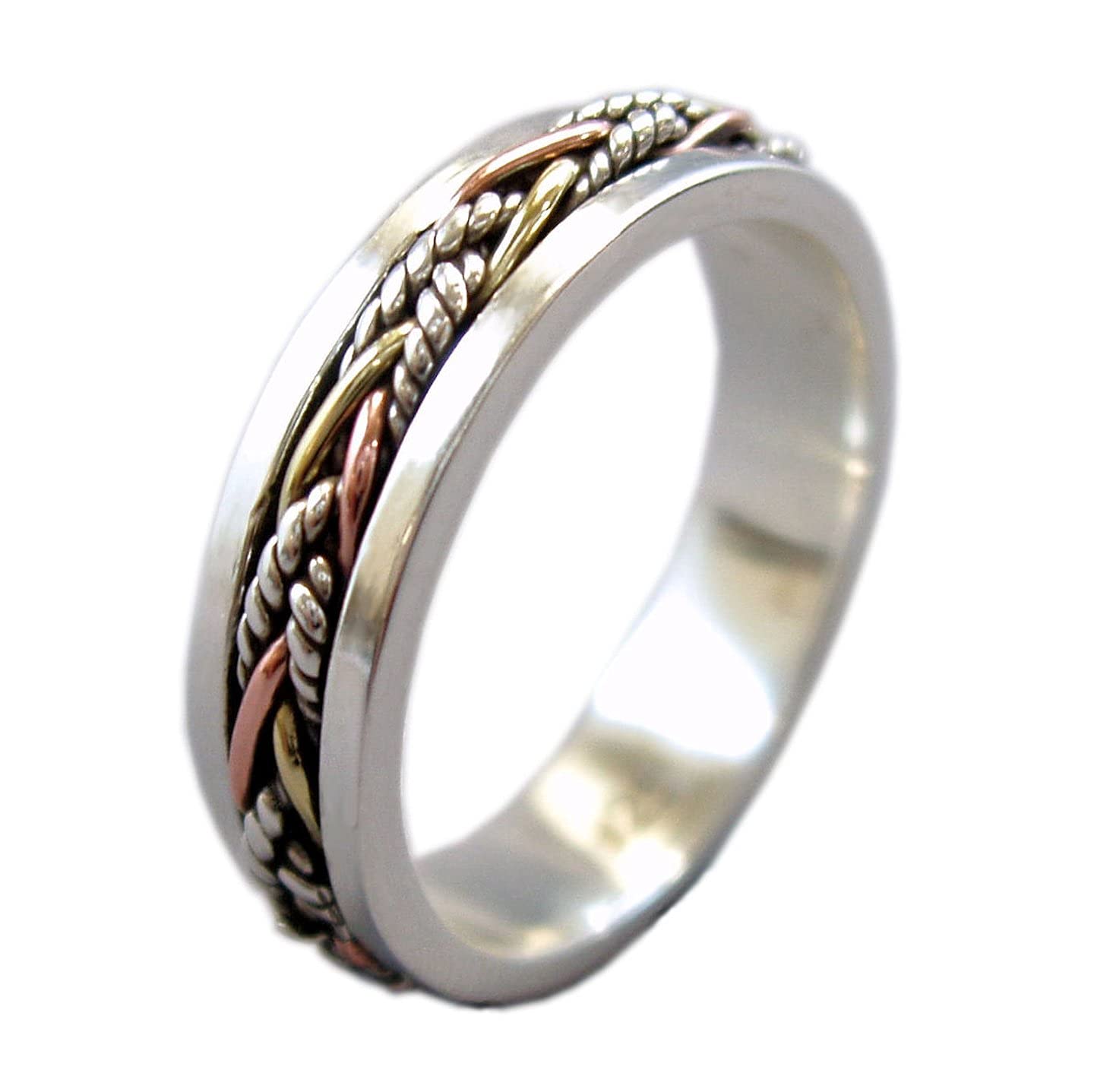 ENERGY STONE Twine 5.5 mm Narrow Band Tri-Color Sterling Silver Meditation Spinner Ring (Style US40) (7)