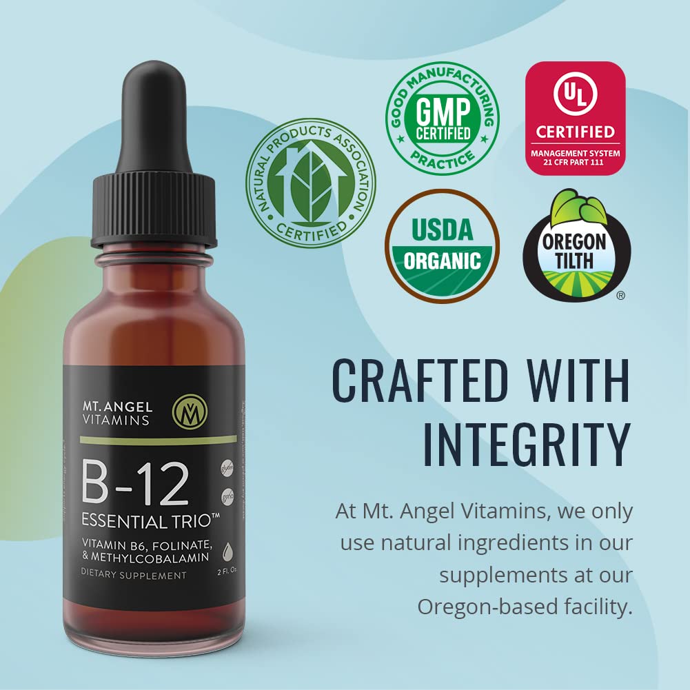 Mt. Angel Vitamins - B12 Essential Trio - Vegan Sublingual Drops with High-Potency Methyl B12, B6 & Folate - Easy Absorption Liquid - Non-GMO, Made in USA