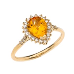 diamond and checkerboard pear shaped citrine 14k yellow gold proposal engagement ring (size 7)