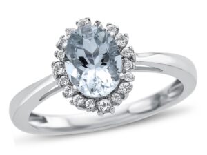 fjc finejewelers 10k white gold 8x6mm oval aquamarine with white topaz accent stones halo ring size 6