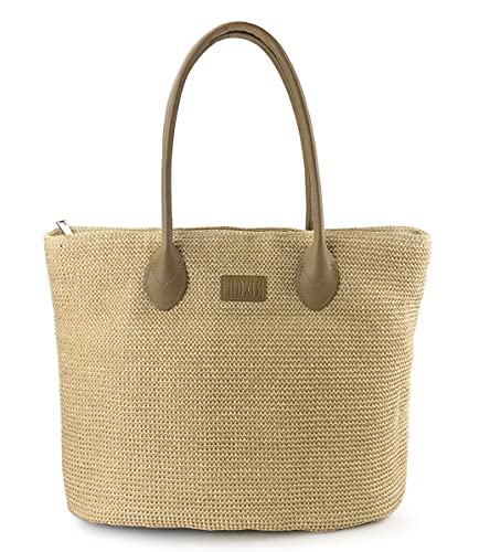 HOXIS Weekender Lightweight Synthetic Straw Shopper Tote Womens Shoulder Handbag (Brown)