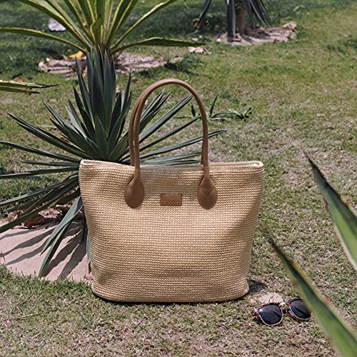 HOXIS Weekender Lightweight Synthetic Straw Shopper Tote Womens Shoulder Handbag (Brown)