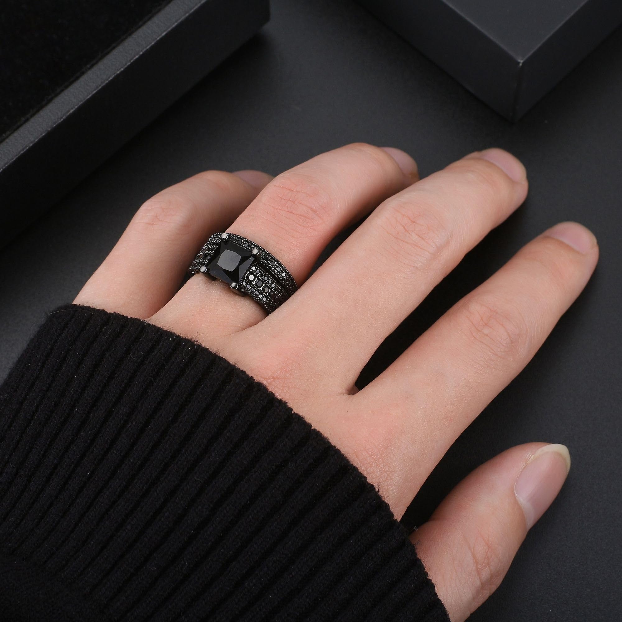 Ginger Lyne Collection Liza Bridal Set Gothic Modern Black Cubic Zirconia Engagement Ring Wedding Band Fashion Jewelry For Women