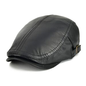 VOBOOM Men Women Adjustable Genuine Leather Ivy Cap Newsboy Hat (Black)