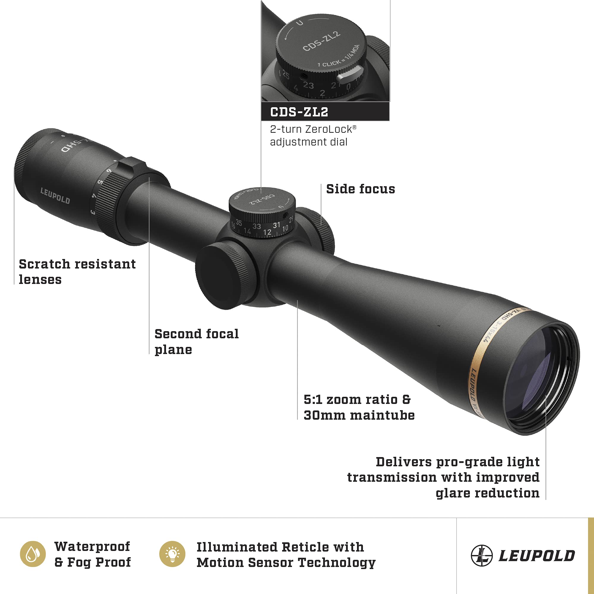 Leupold VX-5HD 3-15x44 (30mm) CDS-ZL2 Side Focus Illum. FireDot Duplex Reticle Riflescope