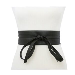 Fashion 21 Women's Wide Lace, Faux Leather Self Tie Wrap Obi Waist Belt (2 Style) (Black)