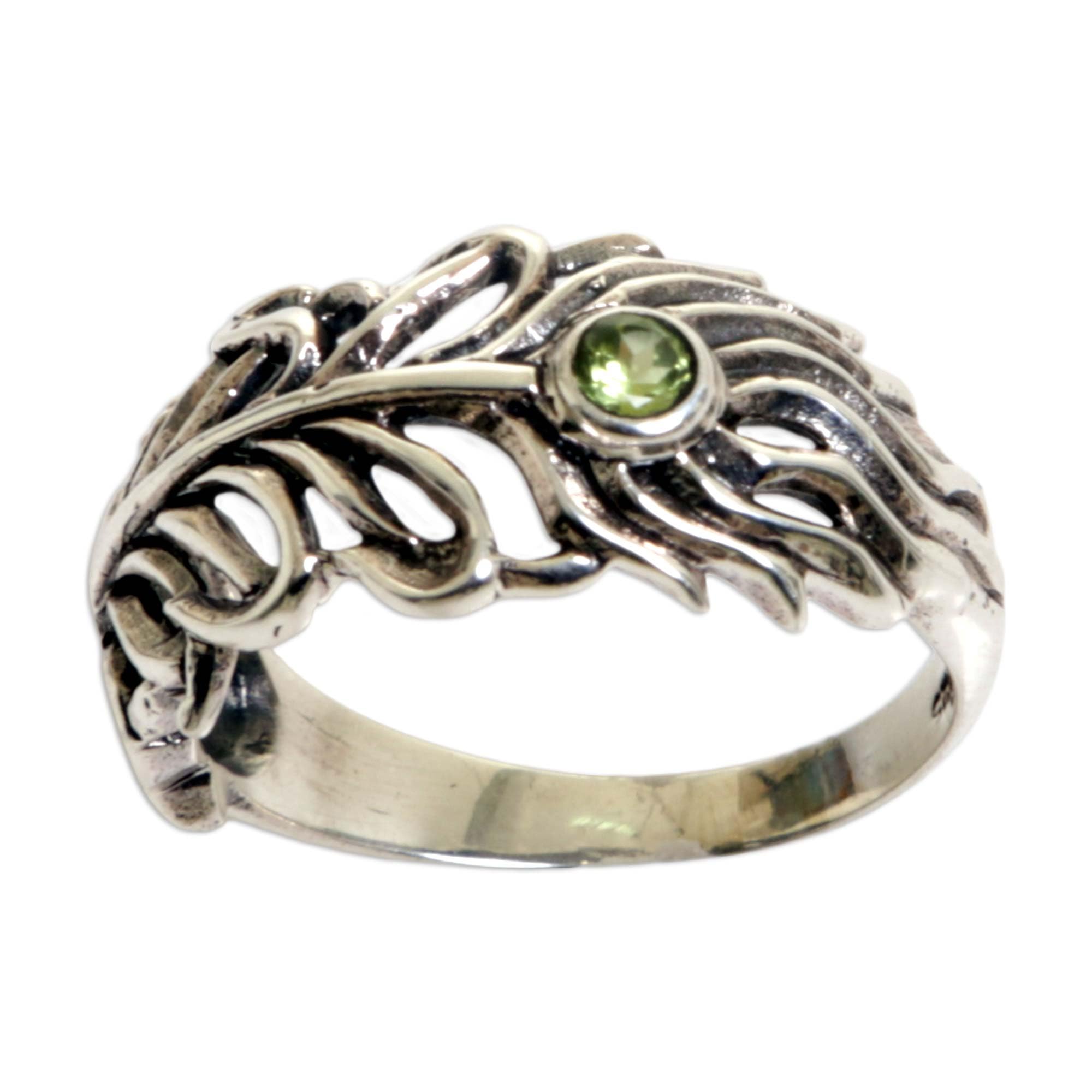 NOVICA Artisan Handmade Peridot Band Ring .925 Sterling Silver from Indonesia Green Birthstone Peacock 'Feather Light'