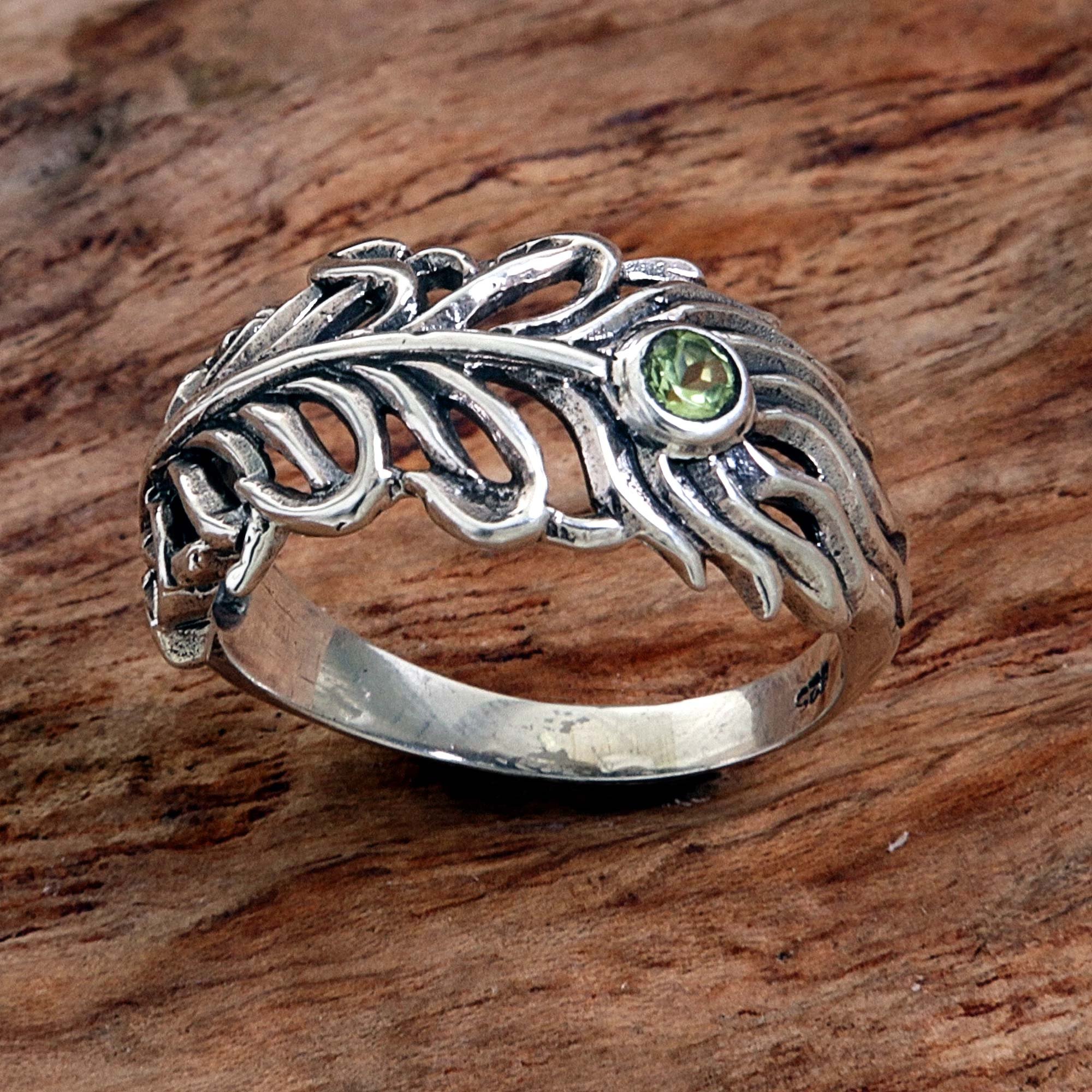 NOVICA Artisan Handmade Peridot Band Ring .925 Sterling Silver from Indonesia Green Birthstone Peacock 'Feather Light'