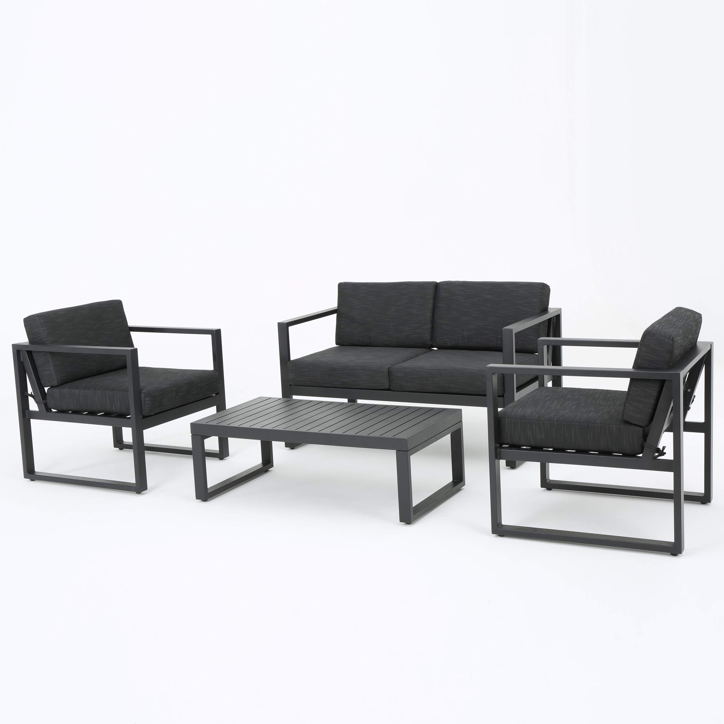 GDFStudio Patio Furniture ~ 4 Piece Outdoor Aluminum Chat Set (Dark Grey)