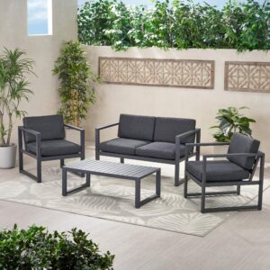 GDFStudio Patio Furniture ~ 4 Piece Outdoor Aluminum Chat Set (Dark Grey)