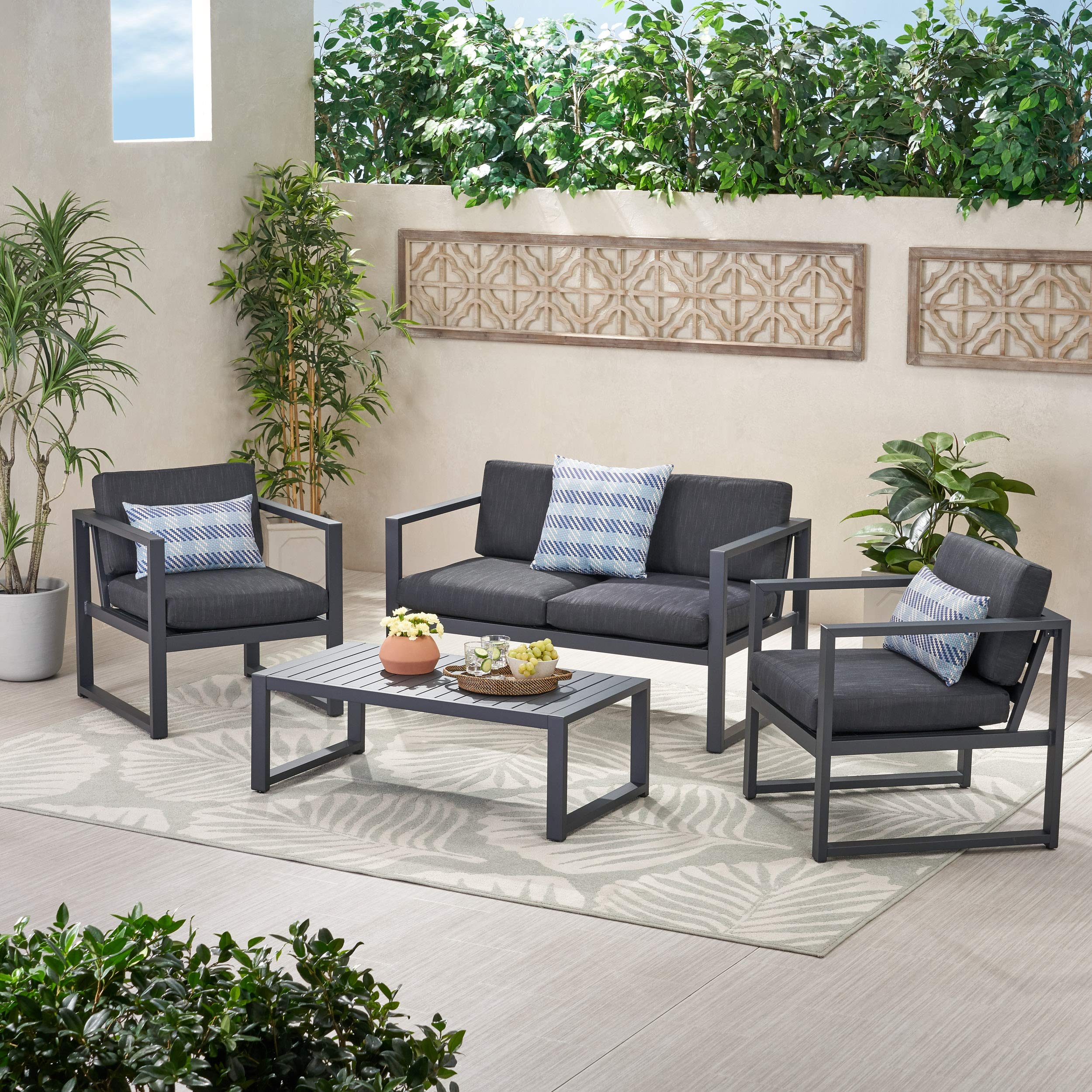 GDFStudio Patio Furniture ~ 4 Piece Outdoor Aluminum Chat Set (Dark Grey)