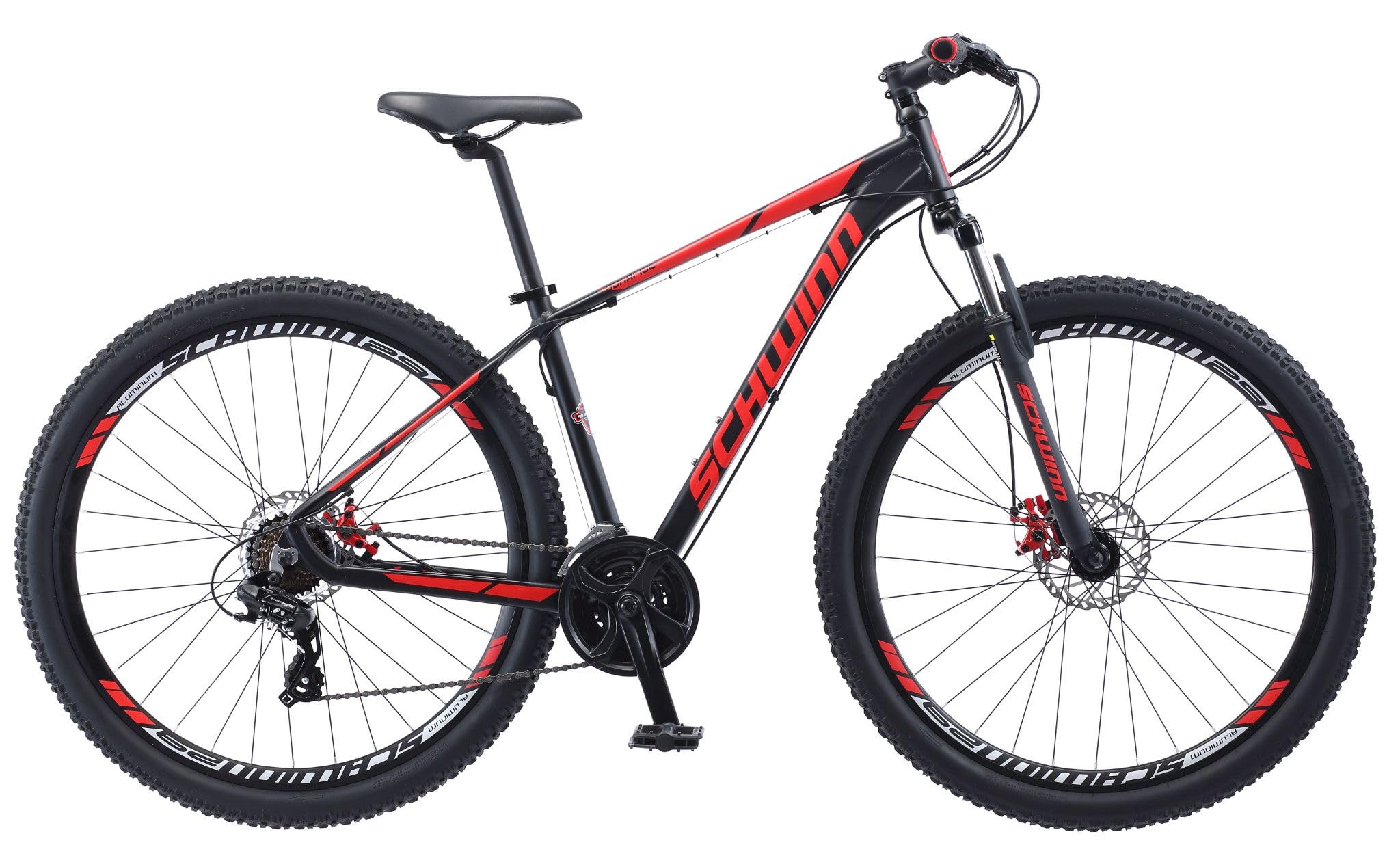 Schwinn Bonafide Men and Women Mountain Bike, Front Suspension, 24-Speed, 29-Inch Wheels, 17-Inch Aluminum Frame, Matte Black/Red