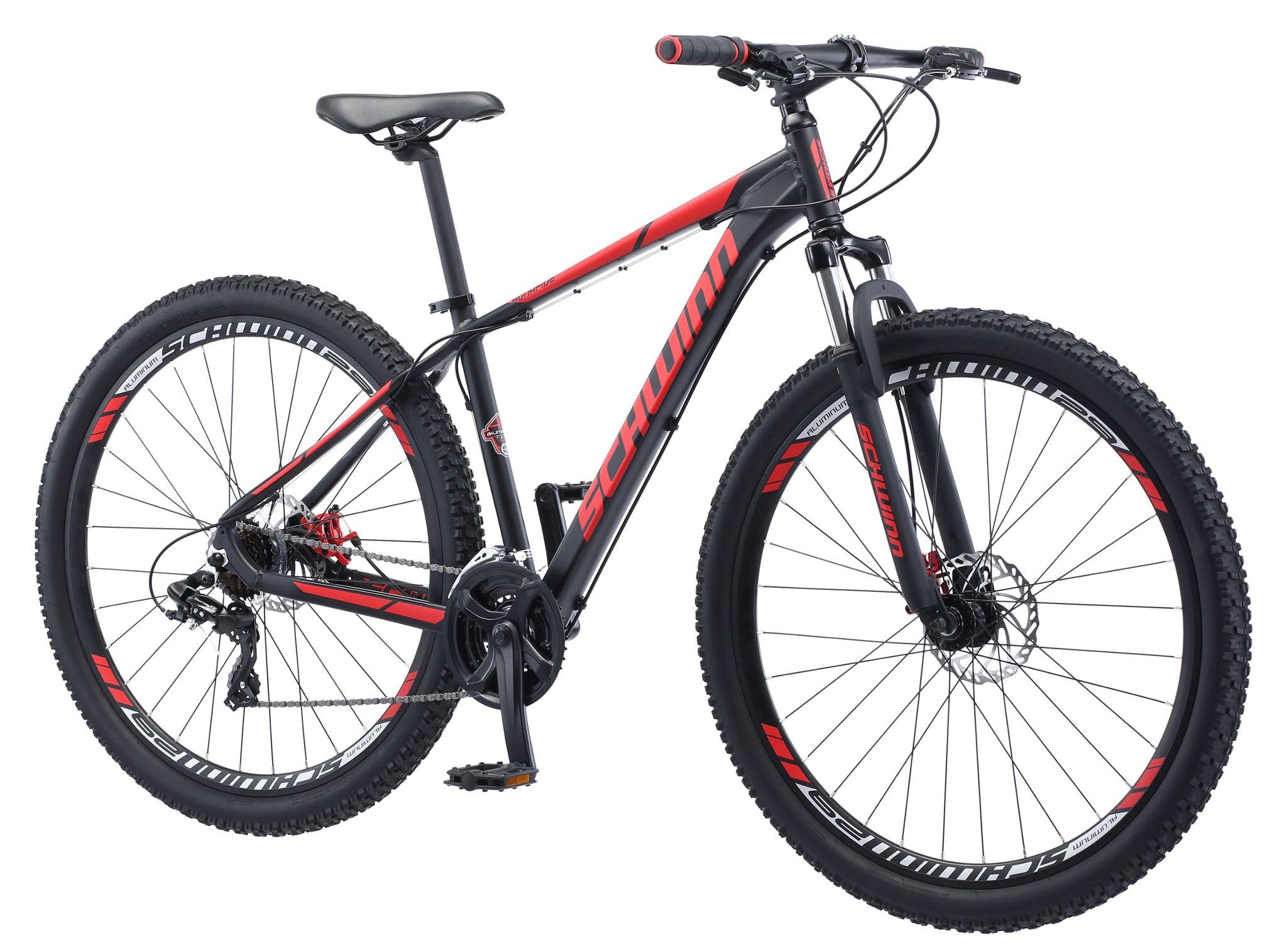 Schwinn Bonafide Men and Women Mountain Bike, Front Suspension, 24-Speed, 29-Inch Wheels, 17-Inch Aluminum Frame, Matte Black/Red