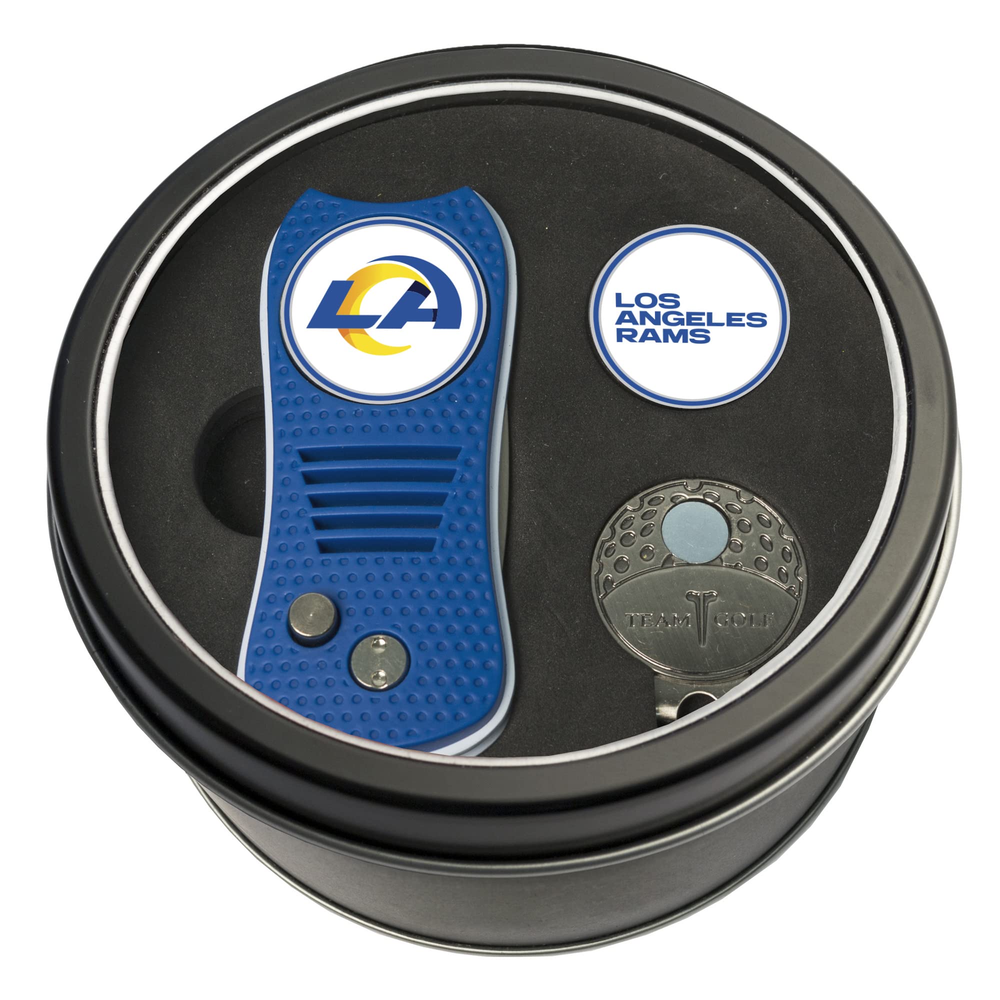 Team Golf NFL Los Angeles Rams Tin Ball Marker Gift Set with Retractable Divot Tool, Cap Clip and 2 Double-Sided Enamel Ball Markers, Patented Design, Less Damage to Greens