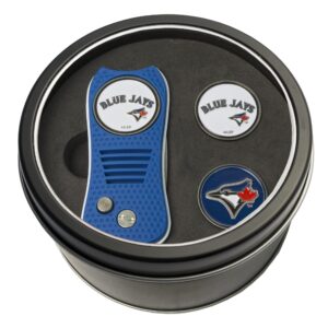 team golf mlb toronto blue jays tin gift set with retractable divot tool and 2 ball markers gift set with 3 magnetic ball markers, patented single prong design, causes less damage to greens