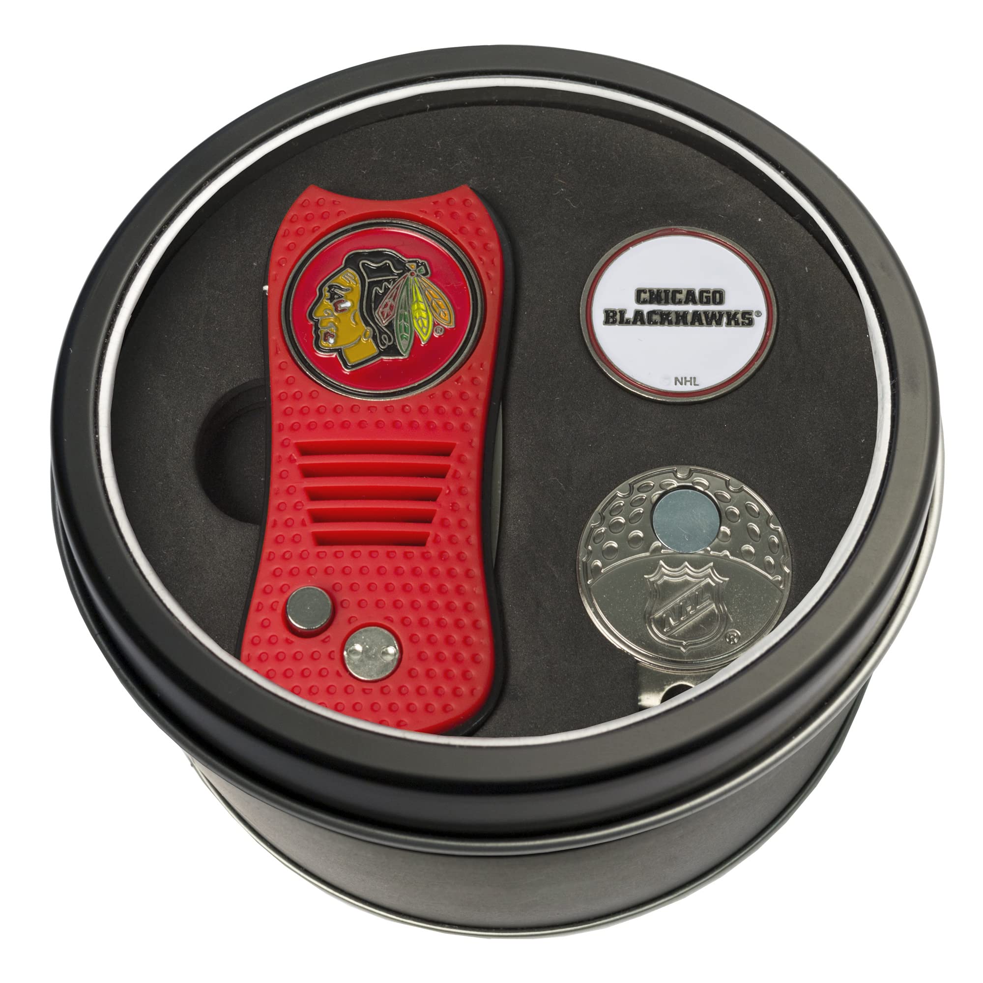 Team Golf NHL Chicago Blackhawks Tin Gift Set with Retractable Divot Tool, Cap Clip, and Ball Marker Gift Set, Cap Clip, & 2 Double-Sided Enamel Ball Markers, Patented Design, Less Damage to Greens