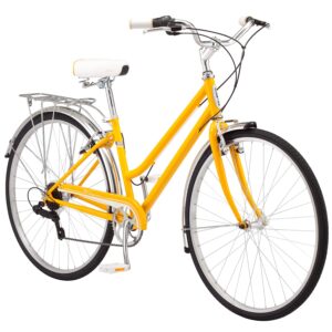 Schwinn Wayfarer Adult Hybrid Bike, Mens and Womens, 16-Inch/Small Steel Step-Through Frame, 7-Speed Drivetrain, Rear Rack, 28-Inch Wheels, Yellow