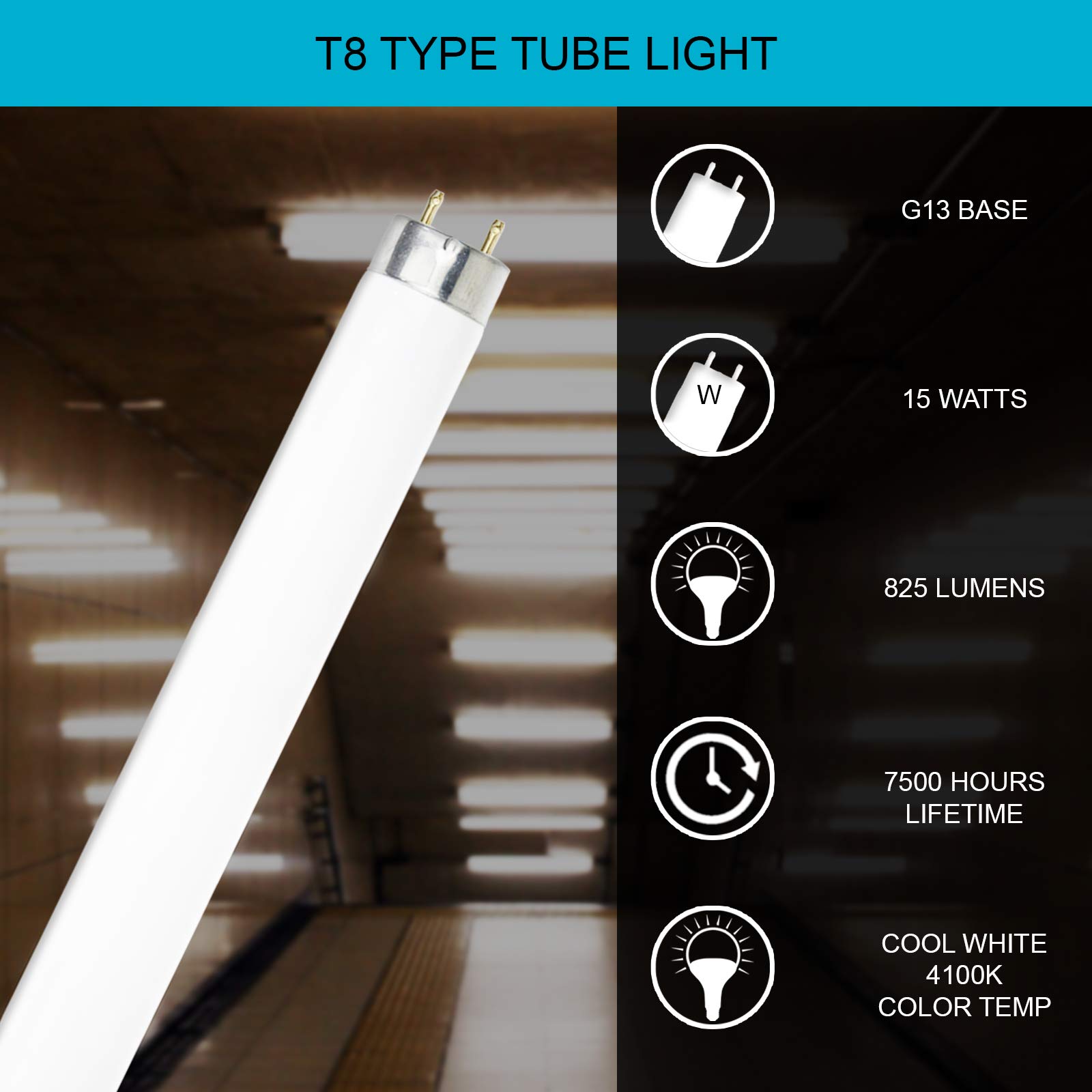 DYSMIO Lighting F15T8-CW 15-Watt 18-inch 4100K 825 Lumen Medium Bi-Pin Base T8 Fluorescent Straight Tube Bulb with Cool White Light- 4 Pack