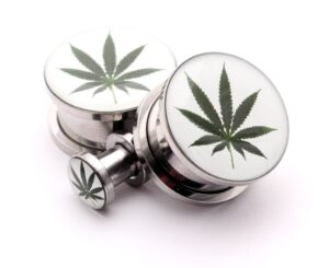 mystic metals body jewelry screw on plugs - pot leaf picture plugs - sold as a pair (8g (3mm))