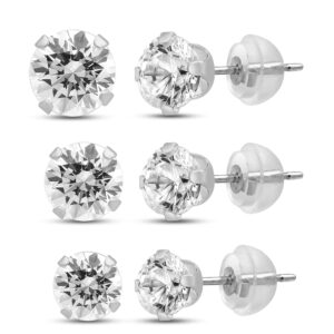 Jewelili 10K White Gold 3MM, 4MM and 5MM Cubic Zirconia 3 Single Stud Earrings Box Set