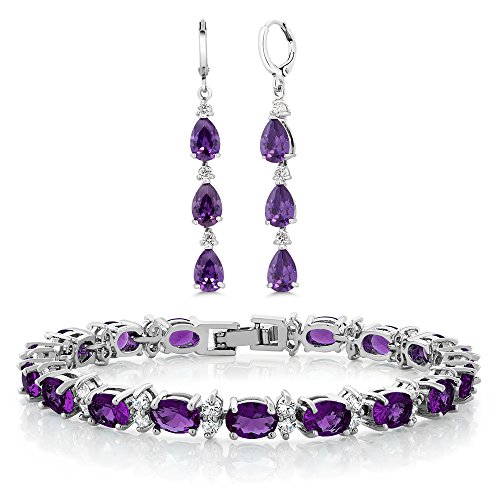 Gem Stone King 7 Inch Purple and White CZ Bracelet Set With Matching 2 Inch Pear shape Dangle Earrings