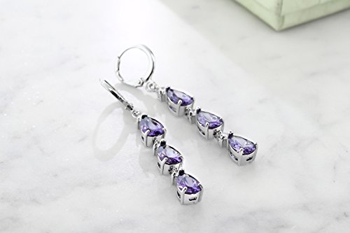 Gem Stone King 7 Inch Purple and White CZ Bracelet Set With Matching 2 Inch Pear shape Dangle Earrings