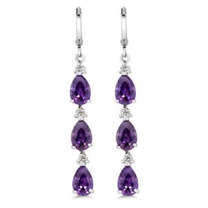 Gem Stone King Stunning 2 Inch Purple Pear Shape CZ Zirconia Rhodium Plated Dangle Earrings For Women