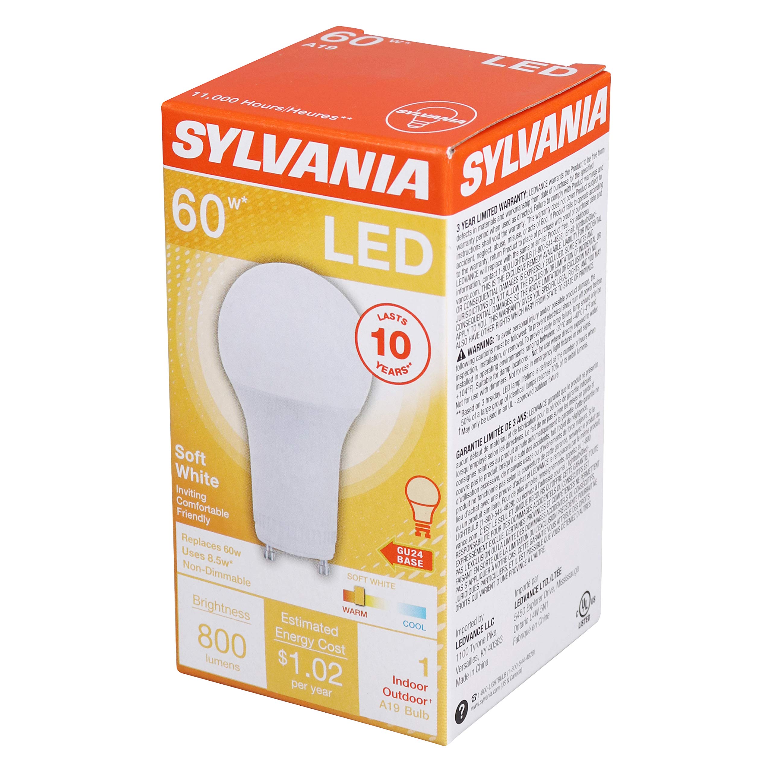 SYLVANIA A19 LED Light Bulb, 8.5W, 60W Equivalent, 10 Year, Non-Dimmable, 800 Lumens, 2700K, Soft White - 1 Pack (78106)