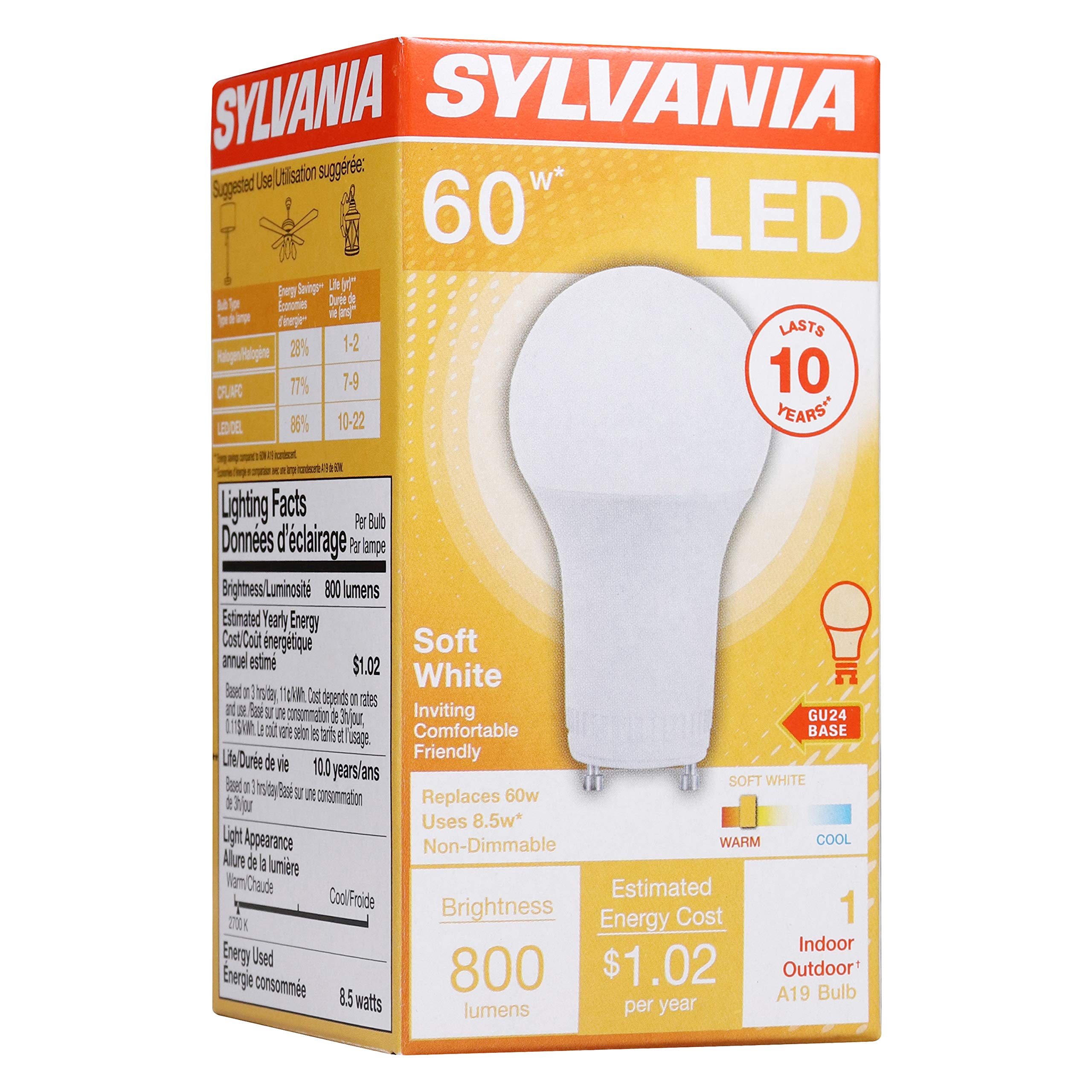 SYLVANIA A19 LED Light Bulb, 8.5W, 60W Equivalent, 10 Year, Non-Dimmable, 800 Lumens, 2700K, Soft White - 1 Pack (78106)