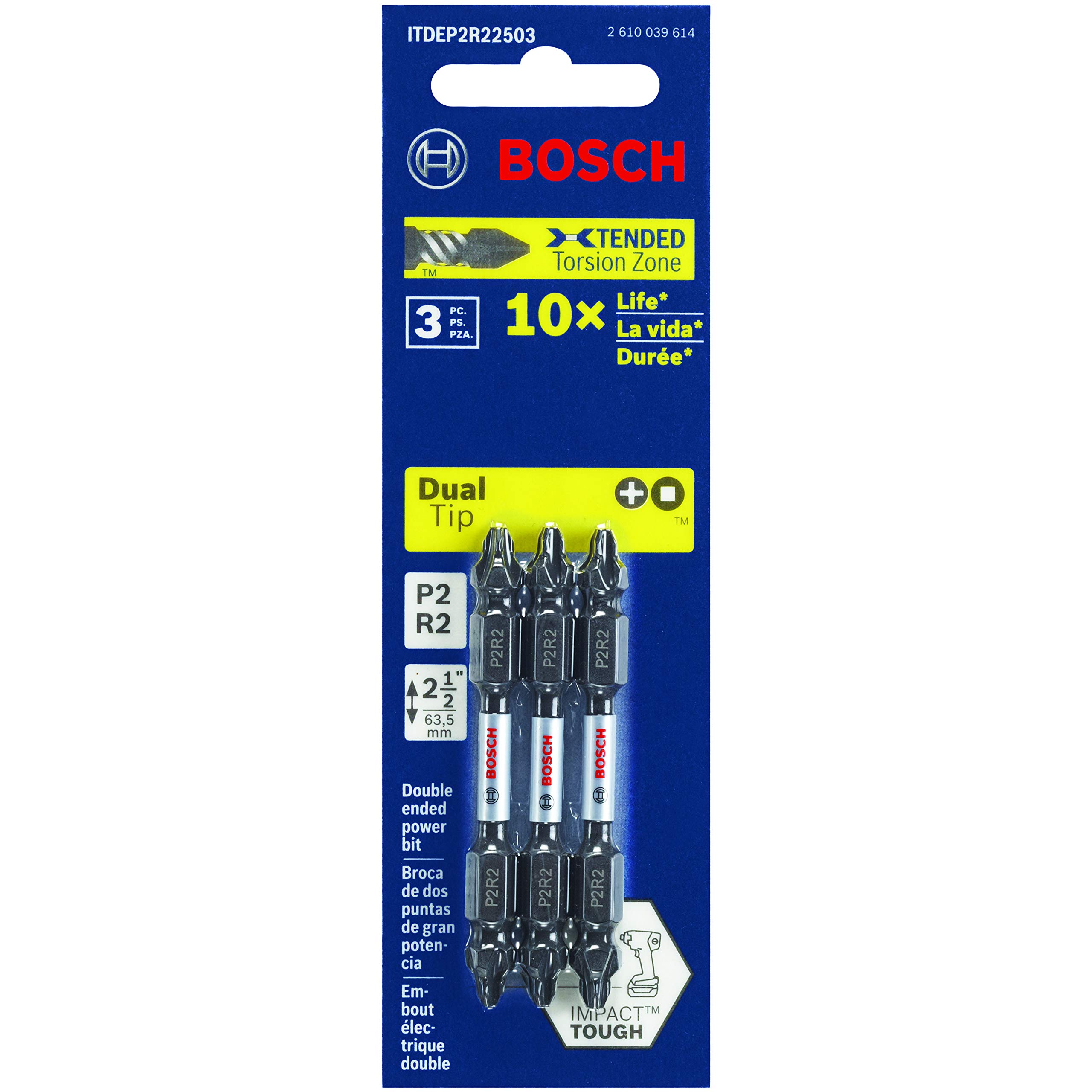 BOSCH ITDEP2R22503 3-Pack 2-1/2 In. Phillips/Square #2 Impact Tough Double-Ended Screwdriving Bits