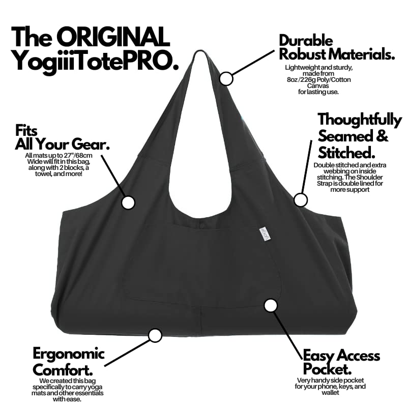 Yogiii Yoga Mat Bag | The ORIGINAL YogiiiTotePRO | Large Yoga Mat Bag or Yoga Mat Carrier with Side Pocket | Yoga Bag Fits Most Size Mats (Obsidian Black)