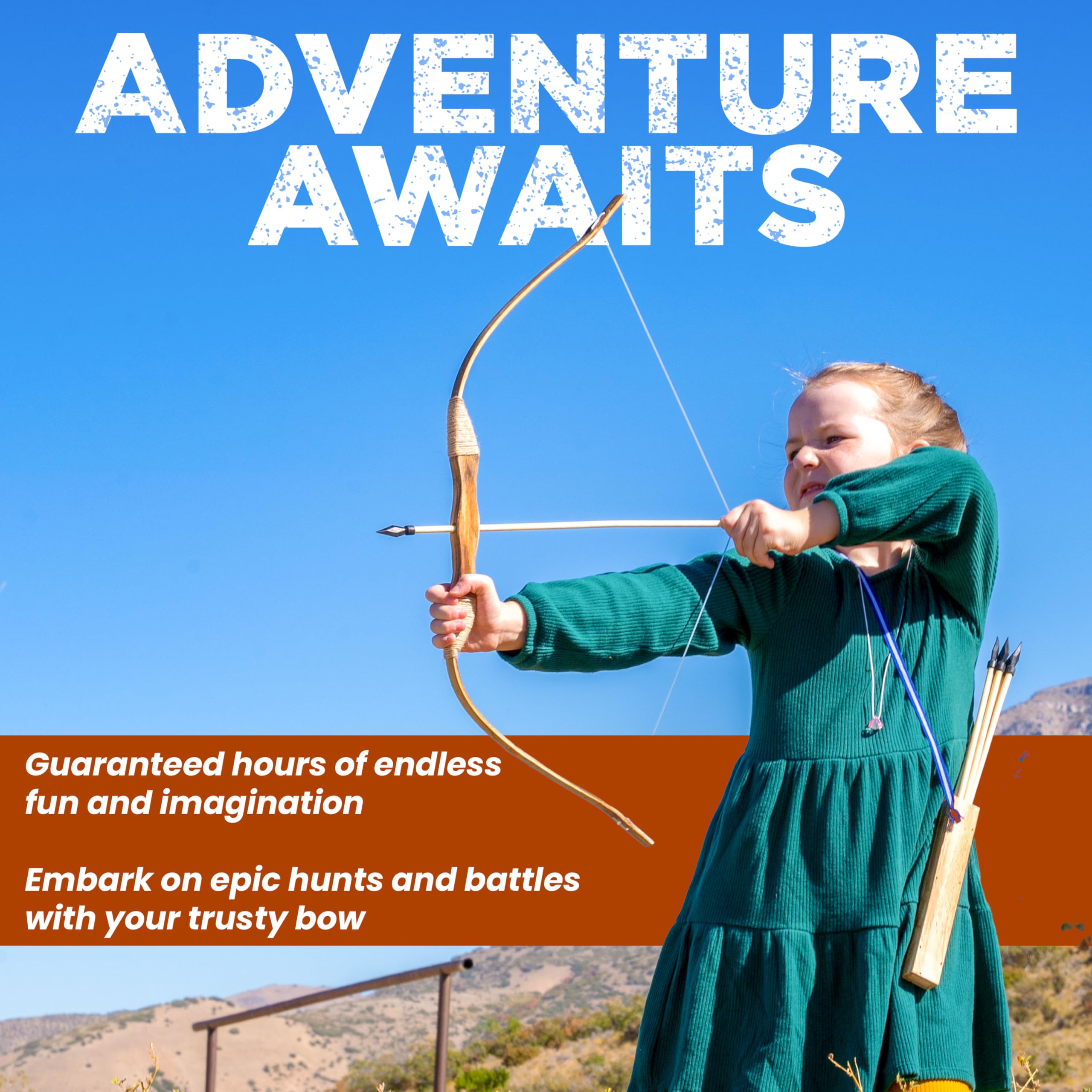 Adventure Awaits - 2-Pack Handmade Wooden Bow and Arrow Set - 20 Wood Arrows and 2 Quivers - for Outdoor Play