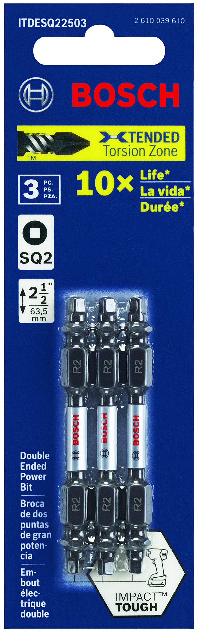 BOSCH ITDESQ22503 3-Pack 2-1/2 In. Square #2 Impact Tough Double-Ended Screwdriving Bits