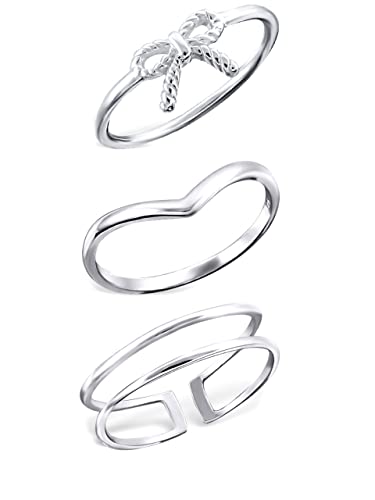 ICYROSE 925 Sterling Silver set of 3 Bow, Plain Pointed, Double Connected Above Knuckle Ring Mid Finger Top