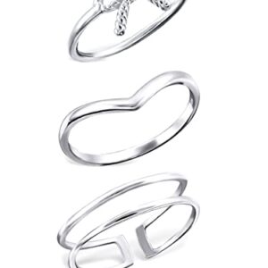 ICYROSE 925 Sterling Silver set of 3 Bow, Plain Pointed, Double Connected Above Knuckle Ring Mid Finger Top