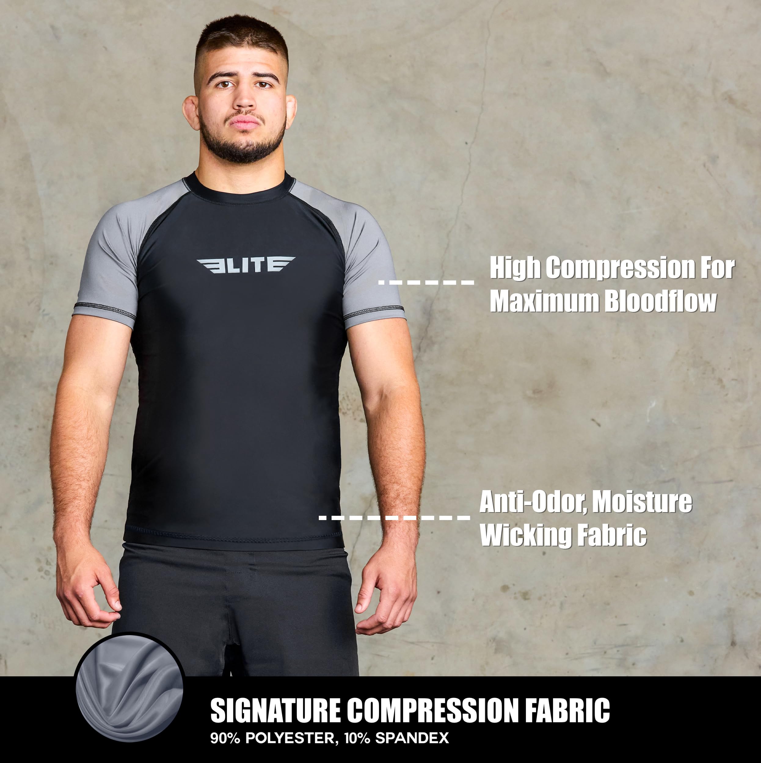 Elite Sports New Item Standard Short Sleeve Compression, Mma, Bjj, No Gi, Cross Training Rash Guard, Small, Gray